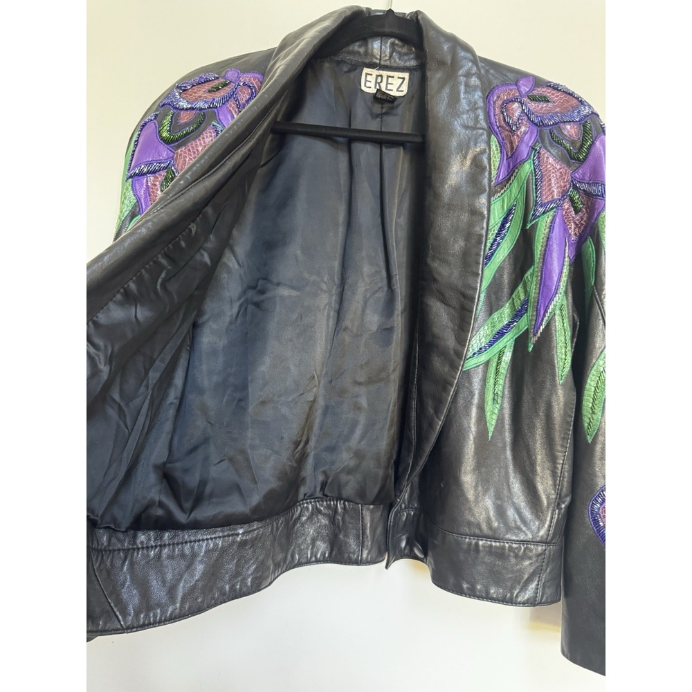 Vtg 80's Erez Flaming Irises Leather Jacket M Moto Snakeskin Trim Colorful Art - Picture 11 of 16
